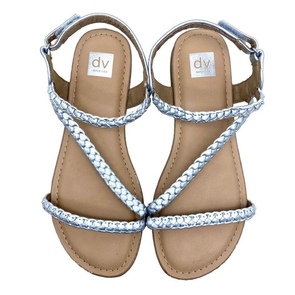Dolce Vita Size 5 Girls Holo Silver Braided Cassie Sandals Flats Hook & Loop NEW